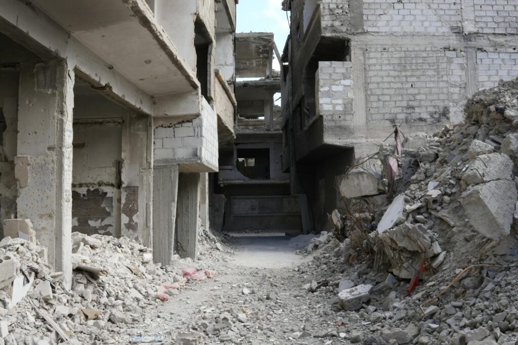 Abandoned and destroyed buildings in a war-torn area of Damascus, Syria.