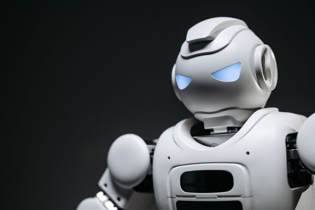 High-tech robot toy with a gray background in studio lighting.
