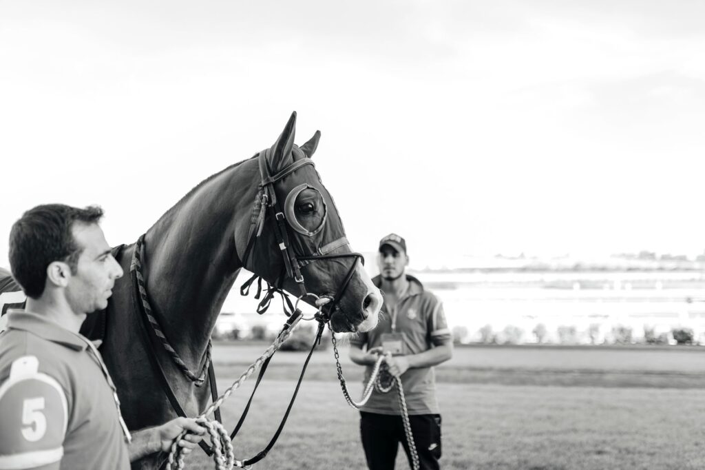 Two men preparing a racehorse for competition on a track.