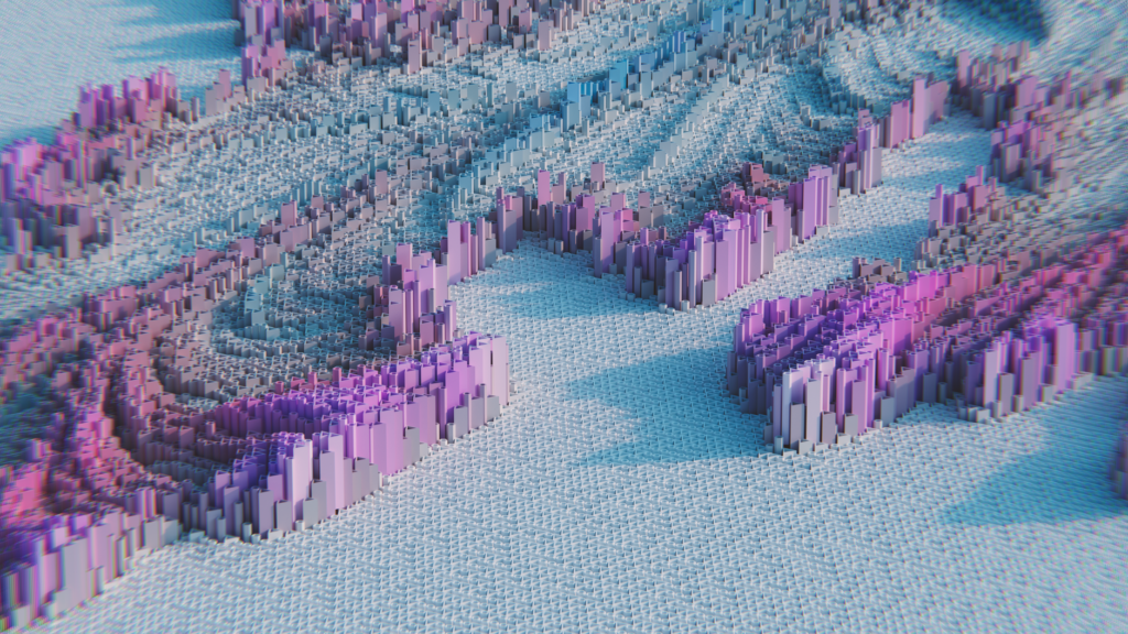 3D abstract geometric pattern featuring pastel pink and purple blocks, creating a modern visual effect.